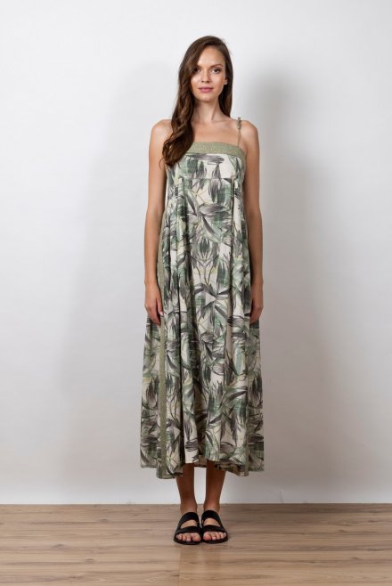 Linen blend  leaf print dress with knitted details green - ivory