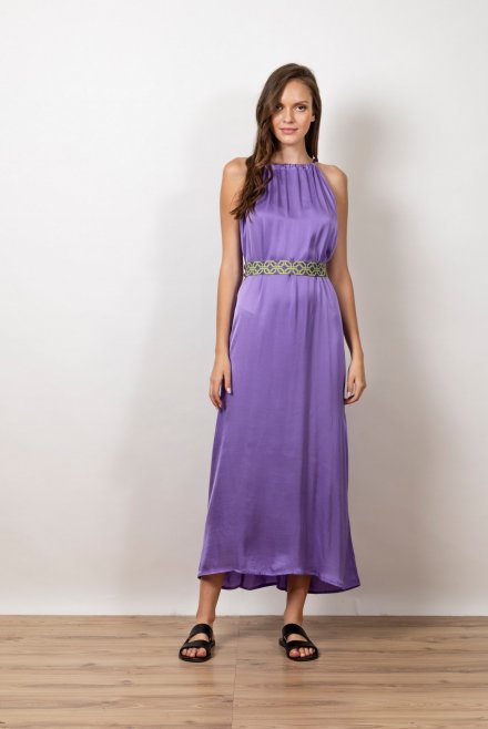 Satin midi dress with knitted handmade details mauve
