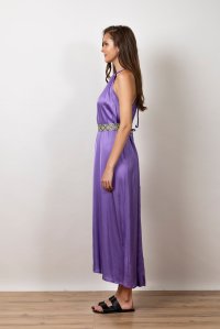 Satin midi dress with knitted handmade details mauve