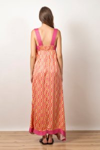 Εμπριμέ σατέν φόρεμα με πλεκτές λεπτομέρειες orange - fuchsia - sand