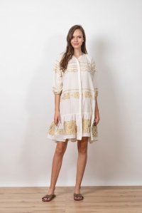 Emproidered jaquard geometrical pattern mini dress with knitted belt ivory-gold