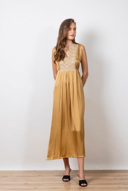 Σατέν μίντι φόρεμα με πλεκτές λεπτομέρειες gold
