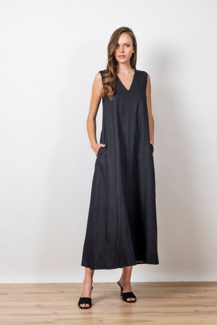 Linen blend  sleeveless midi dress with knitted details black