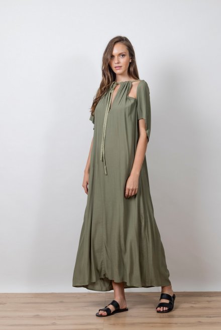 Crepe marocaine cut-out dress with knitted details khaki