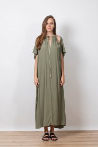 Κρέπ φόρεμα με ανοίγματα και πλεκτές λεπτομέρειες khaki