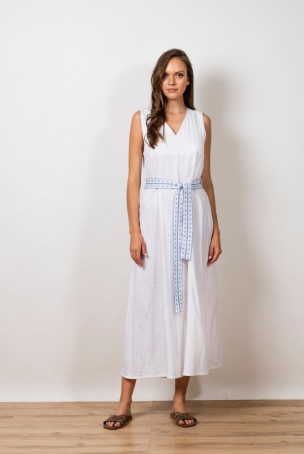 Linen blend  sleeveless midi dress with knitted details ivory