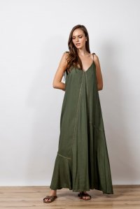 Φόρεμα με λινό και πλεκτές λεπτομέρειες khaki