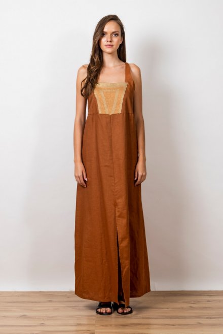 Linen maxi  dress with knitted details chocolate