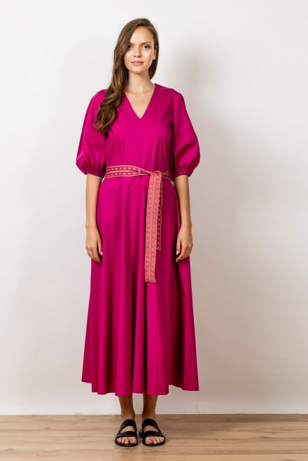 Poplin maxi dress with puffed sleeves and knitted belt orchid flower