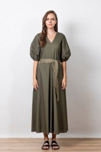 Poplin maxi dress with puffed sleeves and knitted belt khaki
