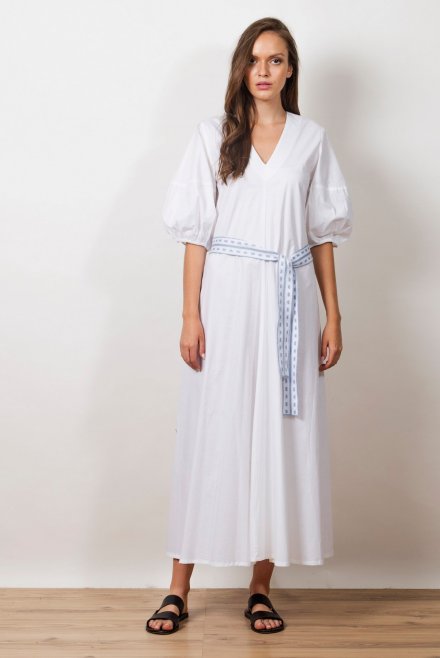 Poplin maxi dress with puffed sleeves and knitted belt white