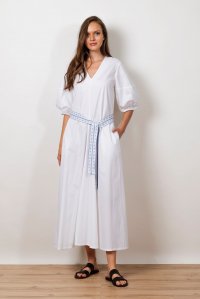 Poplin maxi dress with puffed sleeves and knitted belt white