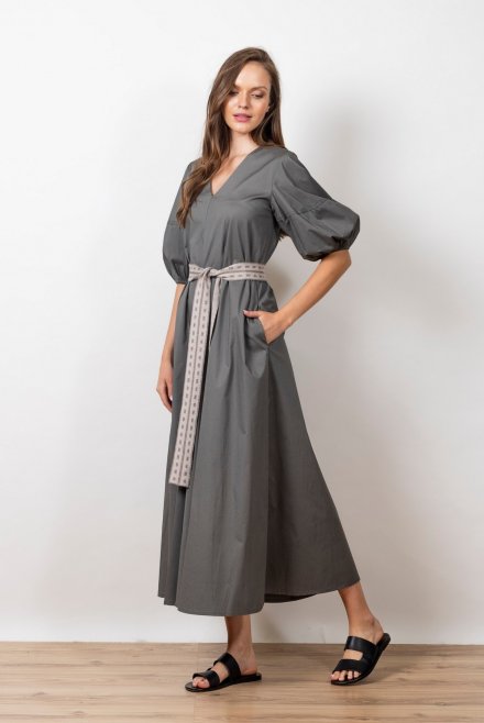 Poplin maxi dress with puffed sleeves and knitted belt dark grey