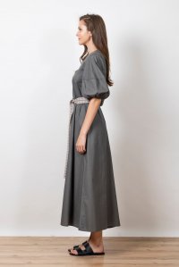 Φόρεμα από ποπλίνα με φουσκωτά μανίκια και πλεκτή ζώνη dark grey