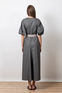 Poplin maxi dress with puffed sleeves and knitted belt dark grey