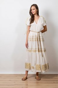 Emproidered jaquard geometrical pattern maxi dress with knitted details ivory-gold