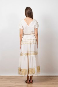 Κεντημένο ζακάρ φόρεμα με γεωμετρικό μοτίβο με πλεκτές λεπτομέρειες ivory-gold