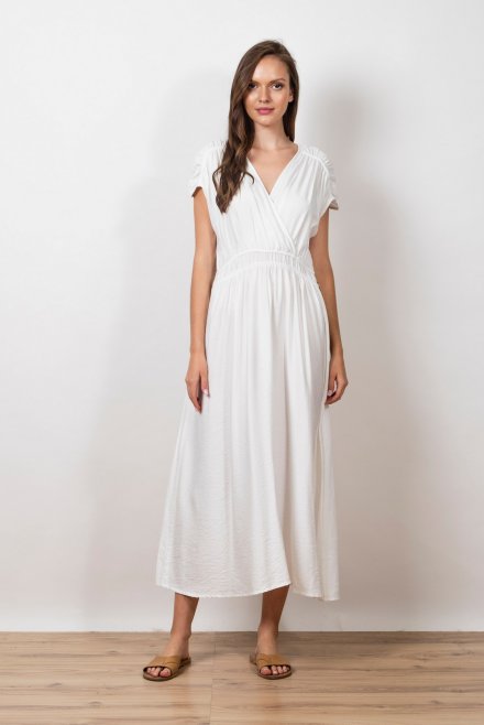 Midi dress with elasticated waist and knitted details ivory