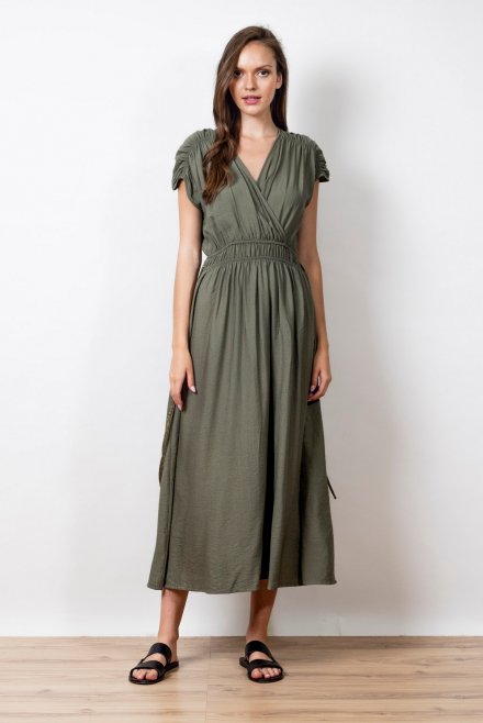 Midi dress with elasticated waist and knitted details khaki
