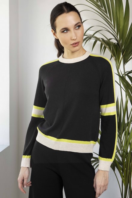 Cotton blend geometric pattern sweater black-neon green-beige