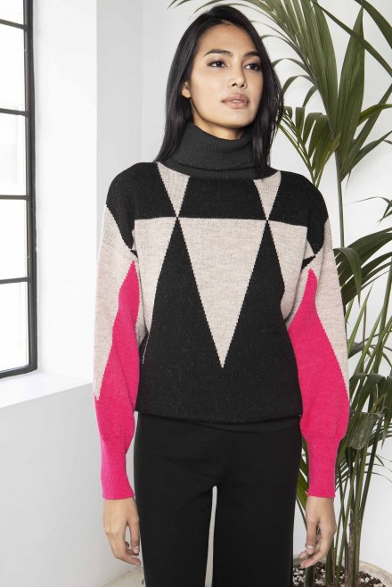Alpaca blend geometric pattern jacquard sweater black-sand-fuchsia