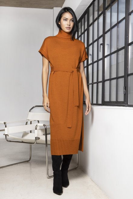 Wool blend-side slit midi dress burnt orange