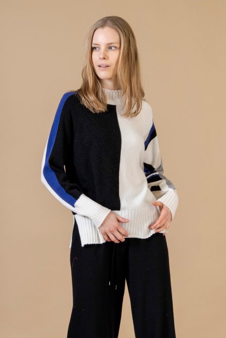 Cashmere blend intarsia multicolored sweater ivory-black-blue -beige-medium grey