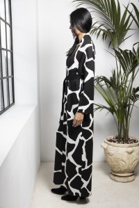 Cotton blend giraffe jaquard long coat black-ivory