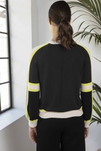 Cotton blend geometric pattern sweater black-neon green-beige