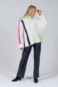 Alpaca blend color-block sweater ivory -neon fuchsia-black-neon green