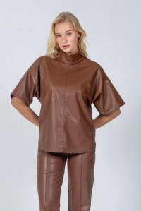 Faux leather strech high neck blouse tabac