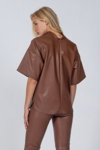 Faux leather strech high neck blouse tabac