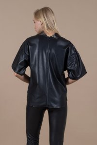 Faux leather strech high neck blouse black