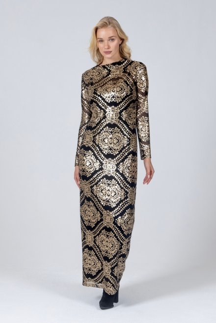 Sequin maxi turtleneck dress with knitted details black-gold