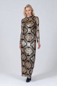 Sequin maxi turtleneck dress with knitted details black-gold