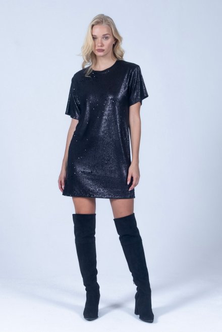 Sequin short-sleeved mini deress with knitted details black