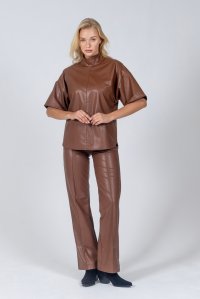 Faux leather stretch straight line pants tabac
