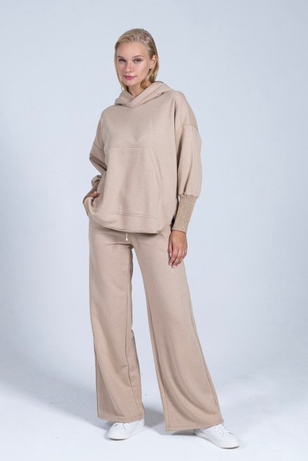 Cotton blend sweatpants with knitted details beige