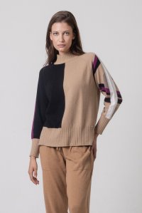 Cashmere blend intarsia multicolored sweater camel-black-cherry-taupe-ivory