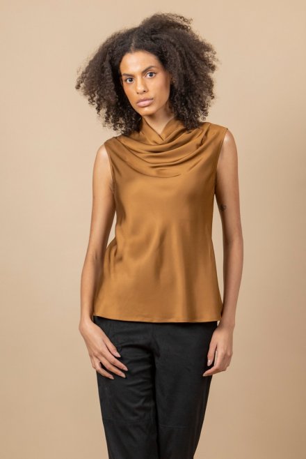 Satin cowl neck sleeveless top with knitted details tabac