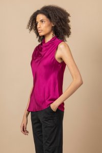 Satin cowl neck sleeveless top with knitted details magenta