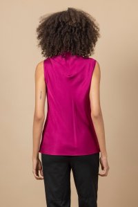 Satin cowl neck sleeveless top with knitted details magenta