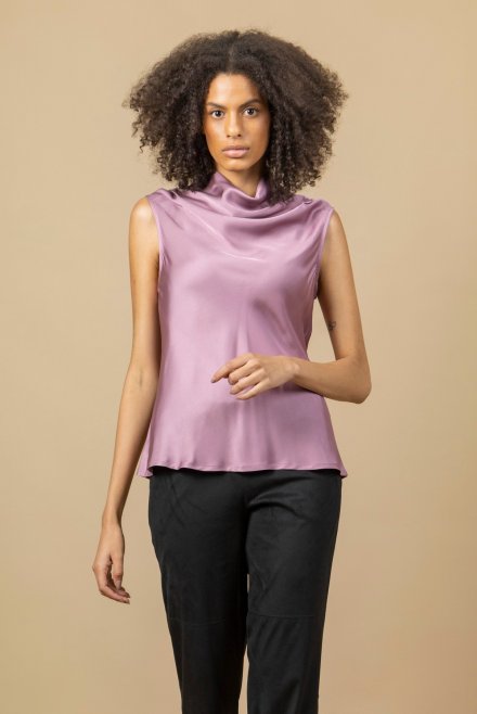 Satin cowl neck sleeveless top with knitted details dusty violet