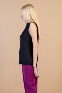 Satin cowl neck sleeveless top with knitted details black