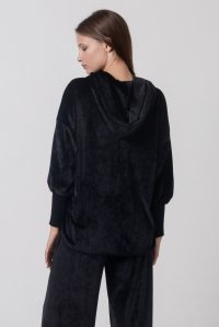 Velvet v neck hoodie with knitted details black