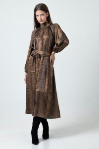 Stin printed long sleeve belted dress with knitted details brown-black