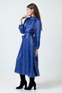 Stin printed long sleeve belted dress with knitted details blue-black