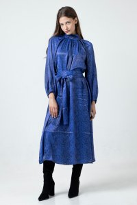Stin printed long sleeve belted dress with knitted details blue-black