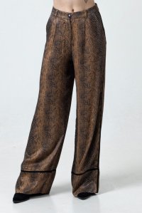 Σατέν εμπριμέ φαρδύ παντελόνι με πλεκτές λεπτομέρειες brown-black