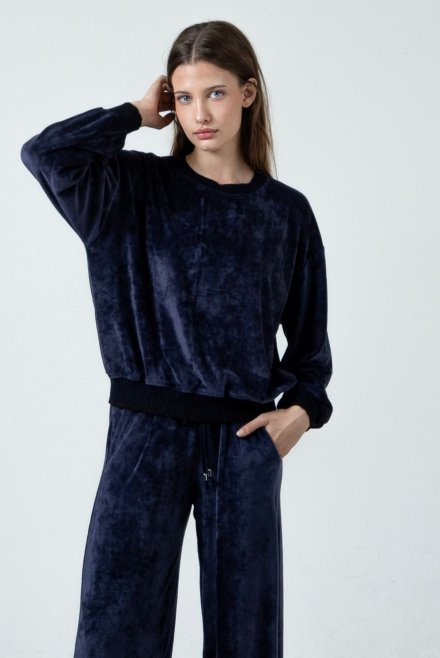 Velvet sweater with knitted details navy